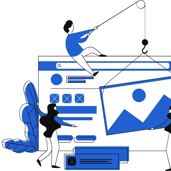 Web developers building and customizing a website interface, with one person positioned above the interface and another working below, surrounded by web page elements and design components